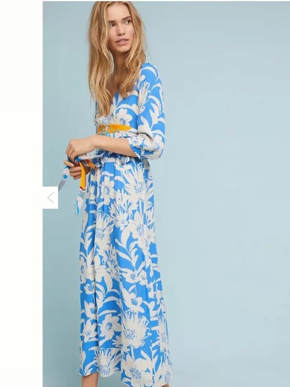 Anthropologie Maeve Belted Kimono Dress Maxi 3/4 Sleeves Floral Blue Size 4